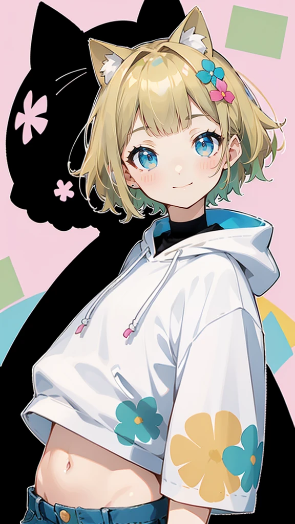 ピンク色のShort sleeveパーカー、Short sleeve、Denim shorts、Belly button、Blonde Hair、ピンク色のShort sleeveパーカー、大きなFlower Hair Ornaments、Belly button、An unprecedented number of draws、Flower Hair Ornaments、Floral Hair Accessories、Blonde、Cat ear、ピンク色のShort sleeveパーカー、high quality、Colorful color palette、high resolution、pretty girl、 Pink hoodie、An unprecedented number of draws、Anime Style、Geometric background、Sticker Style、short hair、Blonde、Turquoise Eyes, Messy Hair, Pink hoodie、髪と同じ色のCat ear、front, Hands posing, Until death, Bondage, Baggy clothes