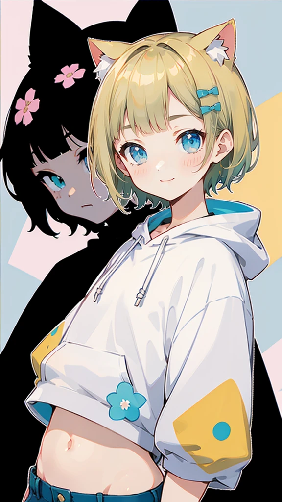 ピンク色のShort sleeveパーカー、Short sleeve、Denim shorts、Belly button、Blonde Hair、ピンク色のShort sleeveパーカー、大きなFlower Hair Ornaments、Belly button、An unprecedented number of draws、Flower Hair Ornaments、Floral Hair Accessories、Blonde、Cat ear、ピンク色のShort sleeveパーカー、high quality、Colorful color palette、high resolution、pretty girl、 Pink hoodie、An unprecedented number of draws、Anime Style、Geometric background、Sticker Style、short hair、Blonde、Turquoise Eyes, Messy Hair, Pink hoodie、髪と同じ色のCat ear、front, Hands posing, Until death, Bondage, Baggy clothes