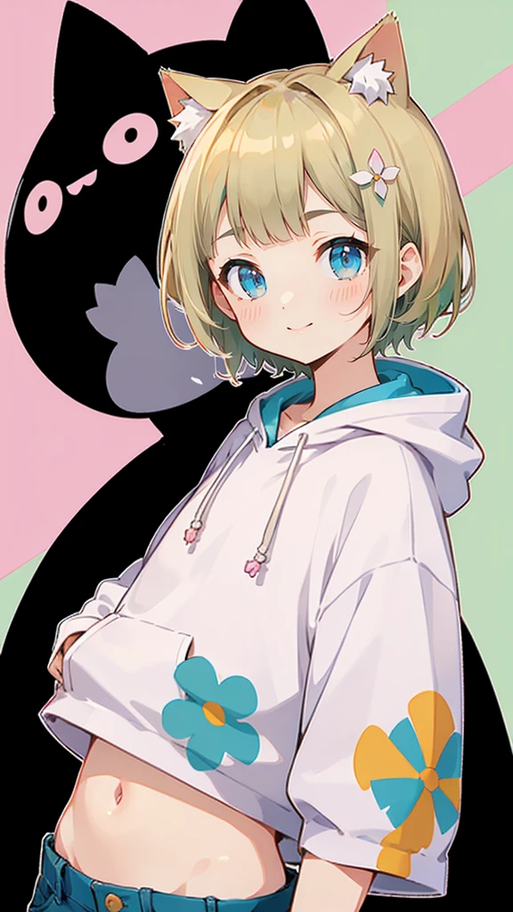 ピンク色のShort sleeveパーカー、Short sleeve、Denim shorts、Belly button、Blonde Hair、ピンク色のShort sleeveパーカー、大きなFlower Hair Ornaments、Belly button、An unprecedented number of draws、Flower Hair Ornaments、Floral Hair Accessories、Blonde、Cat ear、ピンク色のShort sleeveパーカー、high quality、Colorful color palette、high resolution、pretty girl、 Pink hoodie、An unprecedented number of draws、Anime Style、Geometric background、Sticker Style、short hair、Blonde、Turquoise Eyes, Messy Hair, Pink hoodie、髪と同じ色のCat ear、front, Hands posing, Until death, Bondage, Baggy clothes