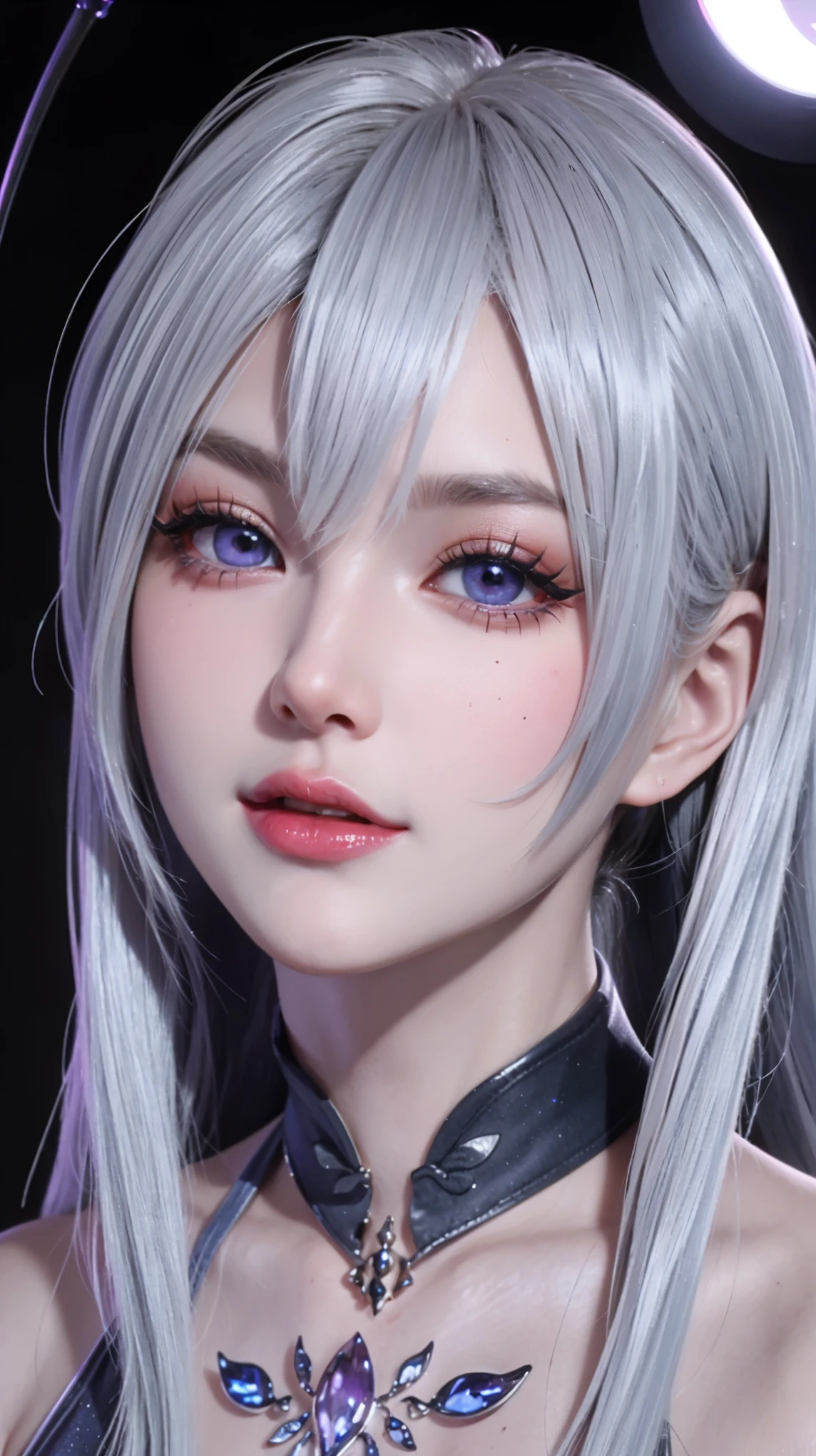 (masterpiece, best quality, Extremely detailed, Best shadow), (Detailed background,Dark Fantasy), (Beautiful and delicate face), High contrast, (Optimal lighting, Extremely delicate and beautiful), ((light)), rich and colorful, Ultra Detail, 戏剧性的light, Intricate details, (1 Girl, Solitary,White hair, Pointed face,Purple Eyes, Hair between the eyes,Dynamic Angle), Blood splatter, Black light swirling around the character, Depth of Field,Black light particles,(shattered glass),Magic Circle,