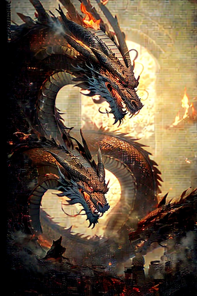 Dragon made of pure fire turned slightly to the right, made of pure fire, facing slightly to the right, close up, red dragon, dragon close to the viewer 