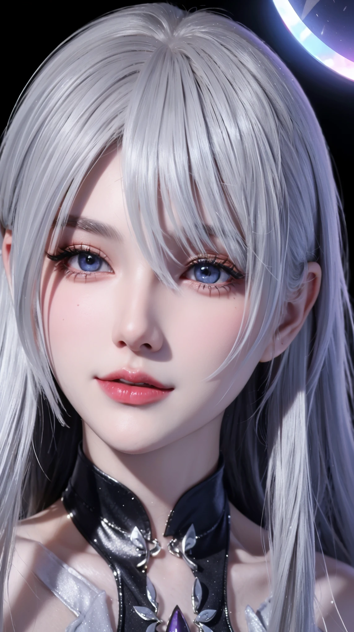 (masterpiece, best quality, Extremely detailed, Best shadow), (Detailed background,Dark Fantasy), (Beautiful and delicate face), High contrast, (Optimal lighting, Extremely delicate and beautiful), ((light)), rich and colorful, Ultra Detail, 戏剧性的light, Intricate details, (1 Girl, Solitary,White hair, Pointed face,Purple Eyes, Hair between the eyes,Dynamic Angle), Blood splatter, Black light swirling around the character, Depth of Field,Black light particles,(shattered glass),Magic Circle,