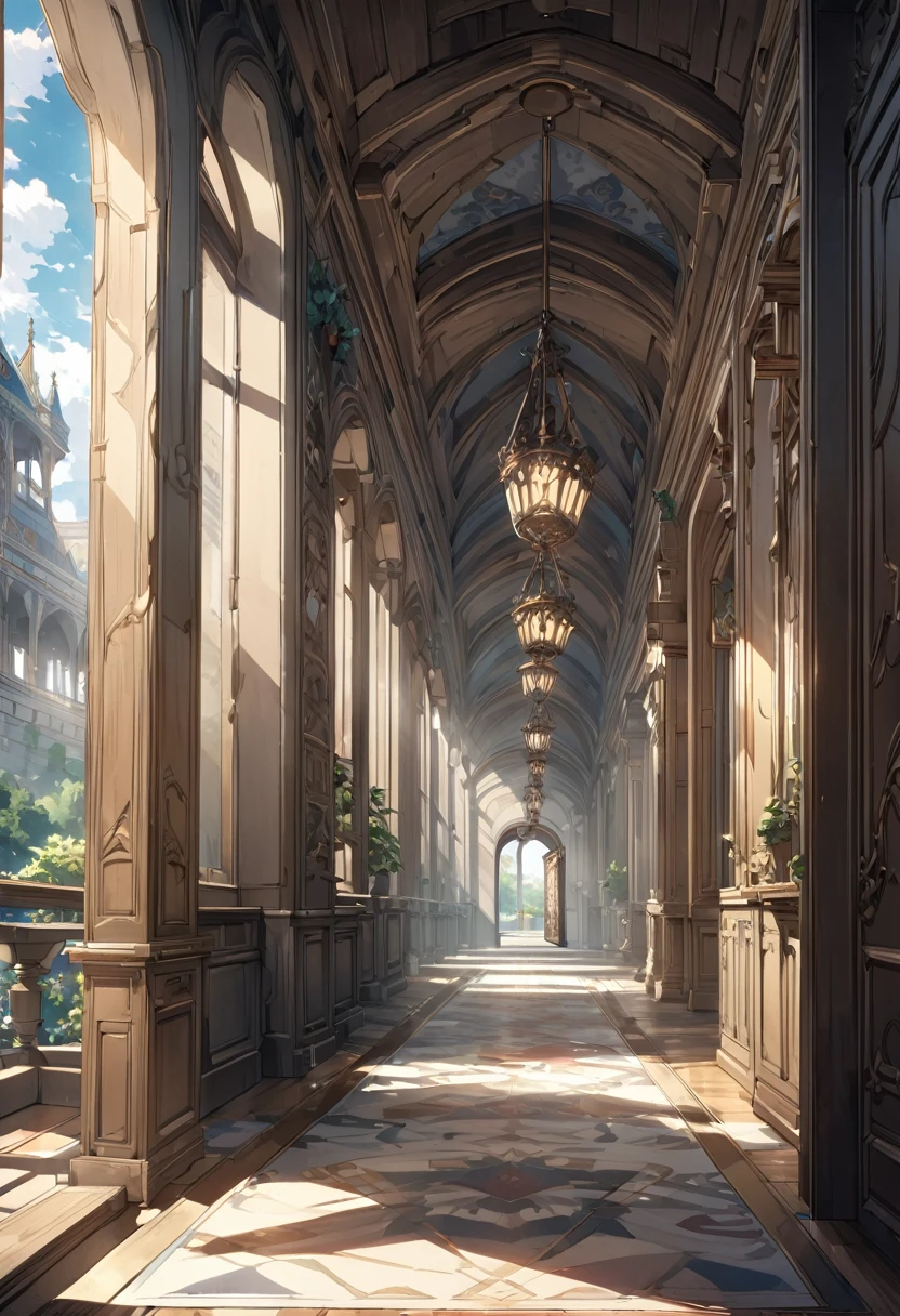 You can see a gorgeous door at the end of the long corridor of the palace.anime style 、high-quality details, perfect composition,medium view, Blu-ray picture quality, 8K, HD