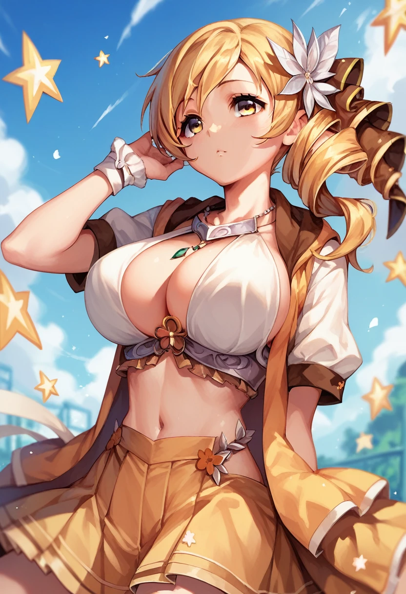 mami tomoe, blonde hair, Twin drill hair, yellow eyes, , 1girl ,live stage, Big Breasts,　school uniform solo face up