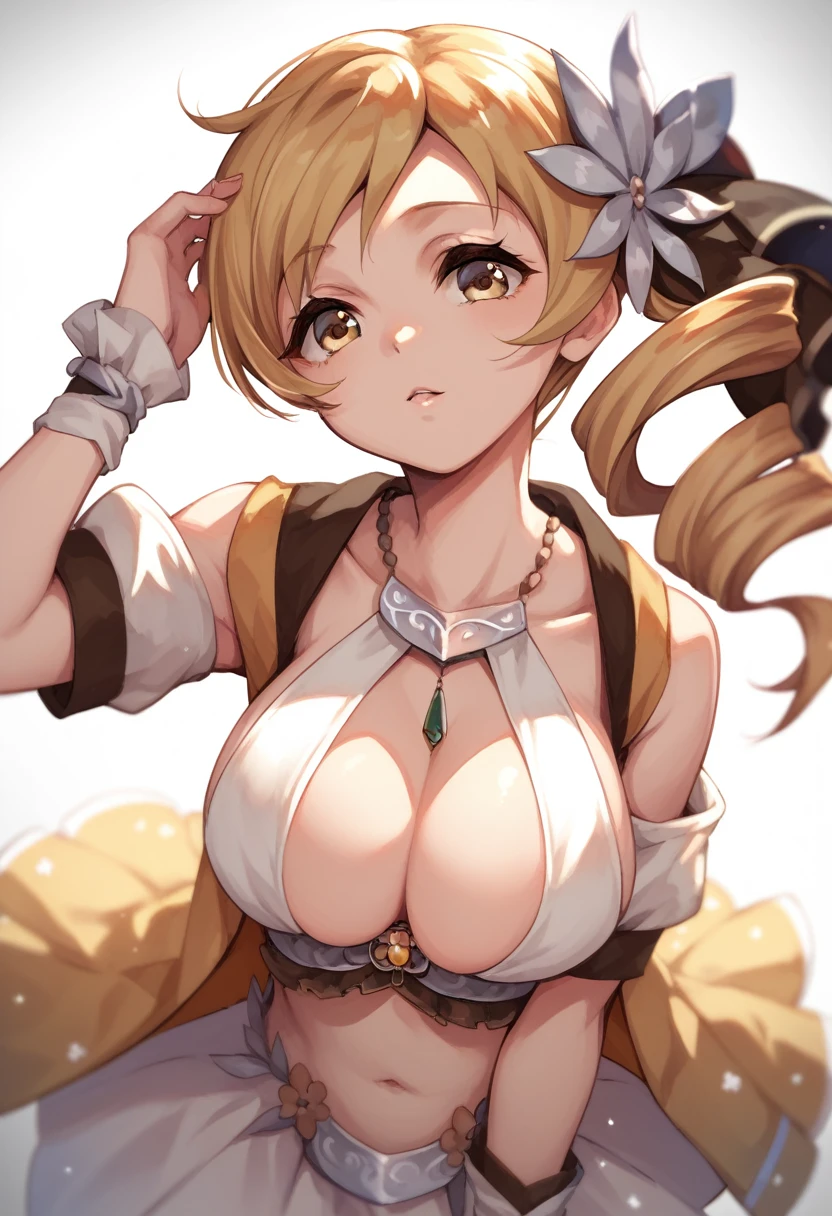 mami tomoe, blonde hair, Twin drill hair, yellow eyes, , 1girl ,live stage, Big Breasts,　school uniform solo face up