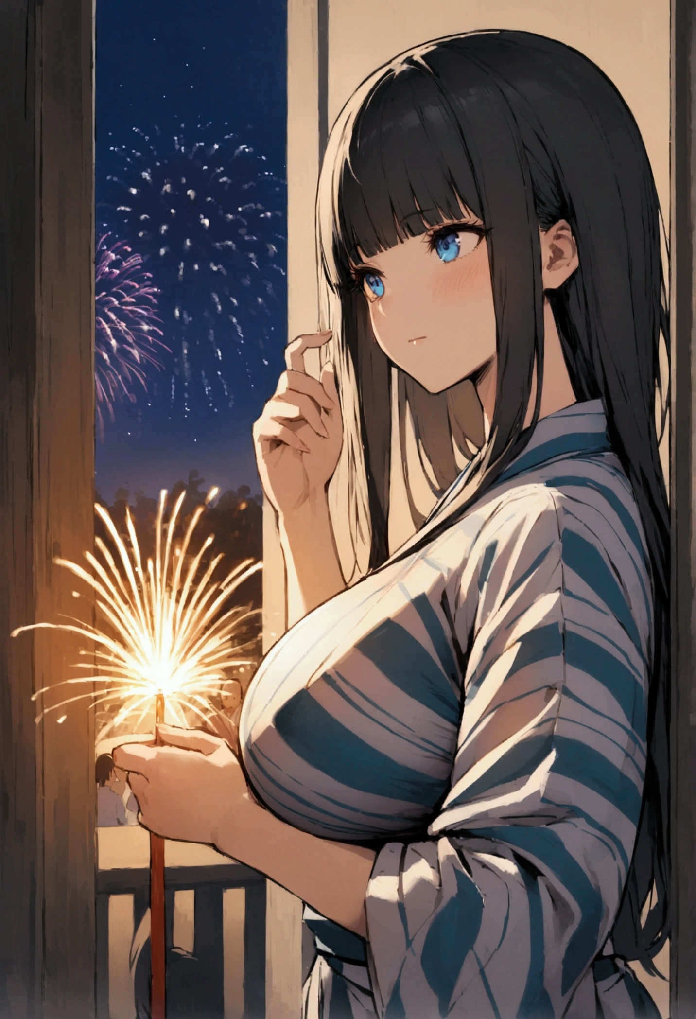 Hime cut with long black hair、Full-body illustration of a girl with straight bangs and blue eyes、Have big breasts、Wearing a yukata、Watching fireworks、I don't have anything in my hands