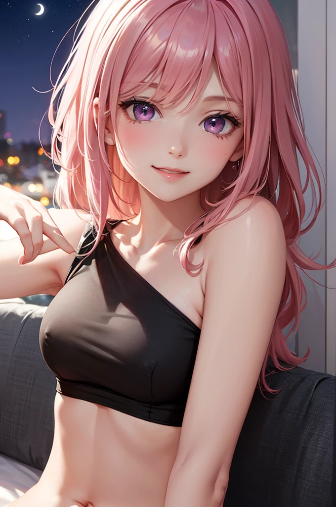 Best Quality,High resolution,8k,finelity detailed background,Masterpiece:1.2),beautiful girl,Shiny pink hair,asymmetrical hair,Pink eyes,Gentle look,A refreshing look,smile,Best quality,Best Quality,Aesthetic and aesthetic:1.2,Best details((Super detailed))(High-definition CG illustrations),Upper Body,Dark grey underwear,Slender body,night,moon,Bedroom,On the bed,smile,blush,cute,Scrounge,Looking up,Being spoiled,super model,wariza,shoot from,below