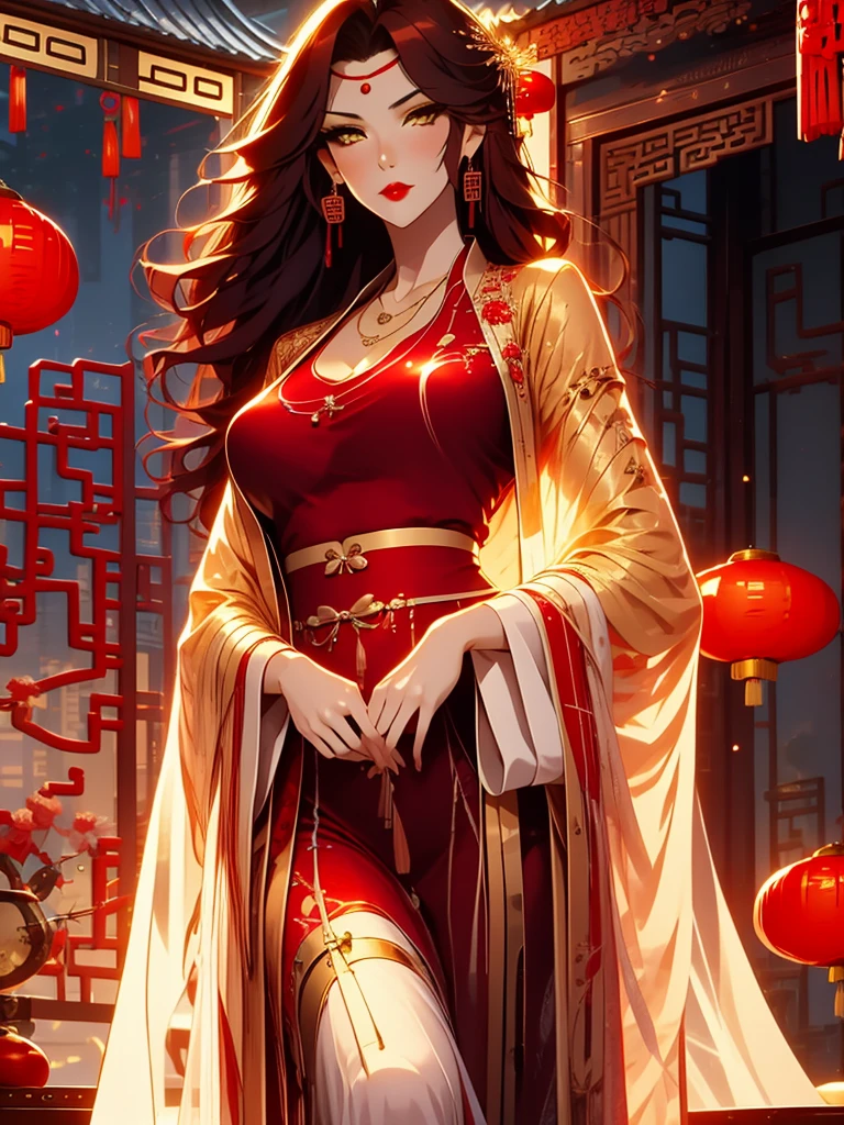 score_9, score_8_up, score_7_up, score_6_up, score_5_up, score_4_up, Xian Mei, golden eyes, red curly hair, tied hair, hair in a bun, hairpin, traditional Chinese red wedding dress, necklace, dangling earrings, long earrings, red lipstick, detailed eyes, traditional wear, sexy attractive, hot, traditional