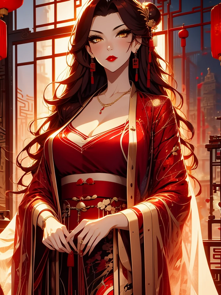 score_9, score_8_up, score_7_up, score_6_up, score_5_up, score_4_up, Xian Mei, golden eyes, red curly hair, tied hair, hair in a bun, hairpin, traditional Chinese red wedding dress, necklace, dangling earrings, long earrings, red lipstick, detailed eyes, traditional wear, sexy attractive, hot, traditional