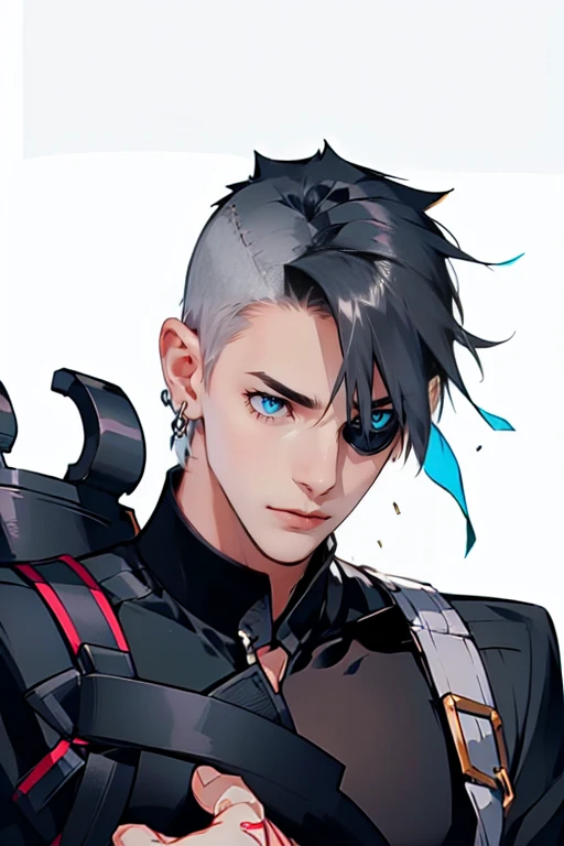 1 male, has eye patch, (tall man, slim, manly, dominate,  shaved head, man blue eyes, tough, wearing a goth outfit, has 1 earring.) best quality, ultra-detailed, illustration, complex, detailed, extremely detailed, detailed face, soft light, soft focus, perfect face, illustration: Full Body