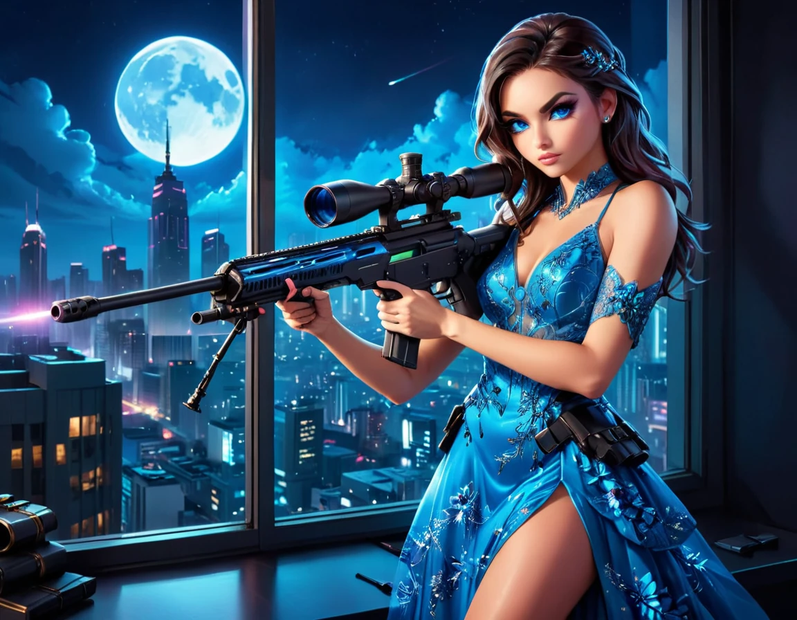 a portrait picture of a 1single woman sniper, standing in a window aiming a sniper rifle, an exotic elegant, beautiful woman sniper, dynamic hair color, braided hair, full body shop, intense blue eyes, wearing intricate glasses ultra detailed face, wearing (intricate evening dress: 1.5), elegant dress, dynamic color, dynamic style, wearing elegant stiletto heels , behind a window in a tall building at nigh, aiming a Light Sniper Rifle , cyberpunk city background, its night time, moon rays, some clouds,  (full body shot: 1.1) , vibrant, Ultra-high resolution, High Contrast, (masterpiece:1.5), highest quality, Best aesthetics), best details, best quality, highres, ultra wide angle, 16k, [ultra detailed], masterpiece, best quality, (extremely detailed) Sniper Rifle, evening dress
