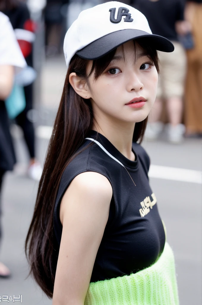 The Korean girl has smooth, dark brown hair, which she mostly wears in a modern style, matching her energetic and charismatic appearance. Her eyes are big and lively, and her face has distinctive Korean features, that reflect their cultural identity. She has an average stature. In terms of her style, she prefers trendy and eye-catching outfits, which underline their dynamic character. She is 24 years old. She wears a cap and paparazzi make, Pictures of her.
