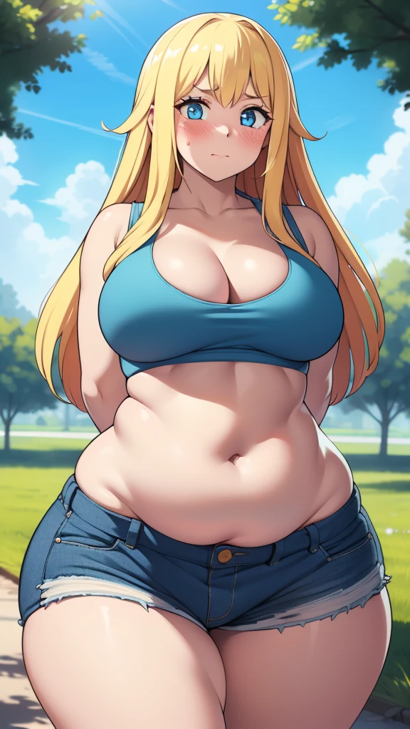 ((highres)), Masterpiece, high quality, best quality, beautiful, perfect lighting, detailed face, ultra cute face, cowboy shot, ((1girl)), ((solo)),

long hair, fluffy hair, blonde hair, blue eyes, ((blush)), embarrassed, nervous, shy, looking at viewer, arms behind back, crop top, shorts, thick thighs, (wide hips), (chubby), chubby belly, cleavage, ((large breasts)), 

20 year old female, standing in a park, (park), daytime,
