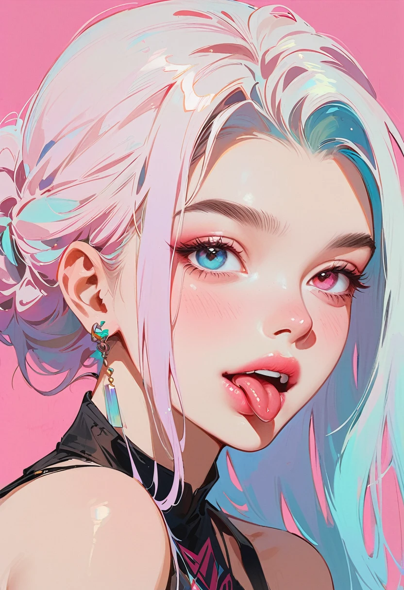 (masterpiece, best quality:1.2), 1 girl, 独奏, Anime style, Heterochromia, Laughing, lips pink, Stick out your tongue, Cyberpunk style makeup, Different color double ponytail hairstyle, Long bangs on one side, Purple and pink background.