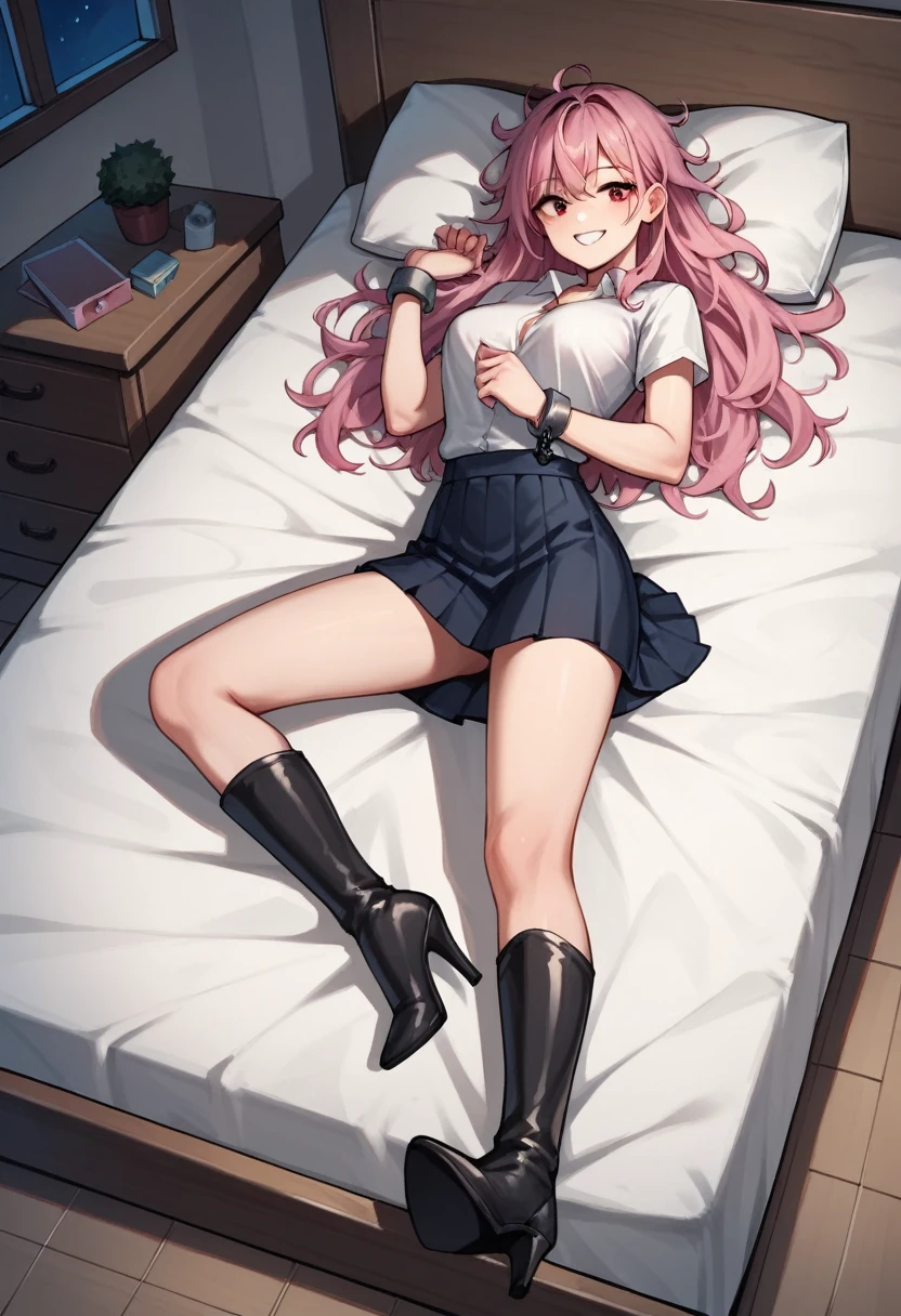 score_9, score_8_up, score_7_up, score_6_up, score_5_up, score_4_up, source_anime, 1girl, to call to yourself, bed, she was lying down, pink hair, long hair, red eyes, shackles,putting arms, smile, messy hair, white shirt, bracelets, skirts, black thigh high boots, heels, room, night, windows, best quality, best res, 4K UHD,
 