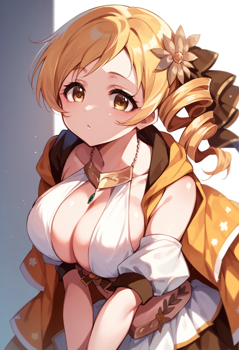 mami tomoe, blonde hair, Twin drill hair, yellow eyes, , 1girl ,live stage, Big Breasts,　school uniform solo face up