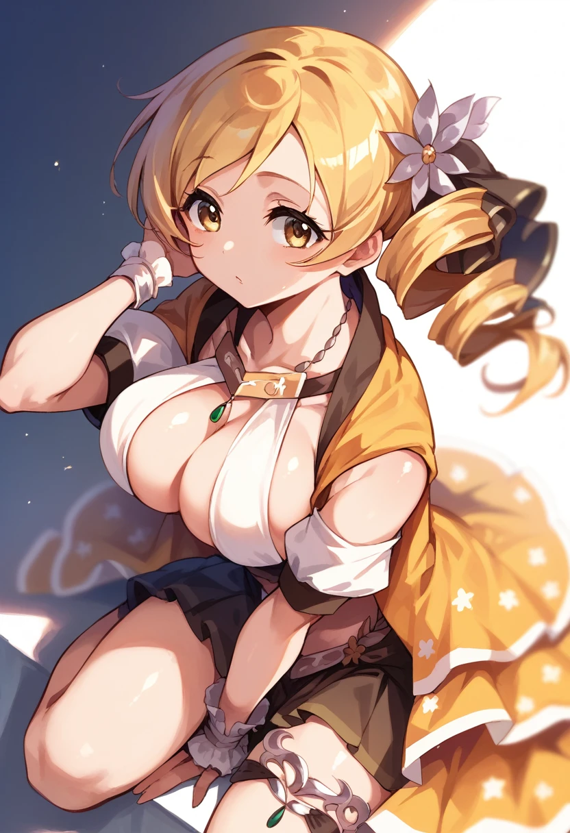 mami tomoe, blonde hair, Twin drill hair, yellow eyes, , 1girl ,live stage, Big Breasts,　school uniform solo face up