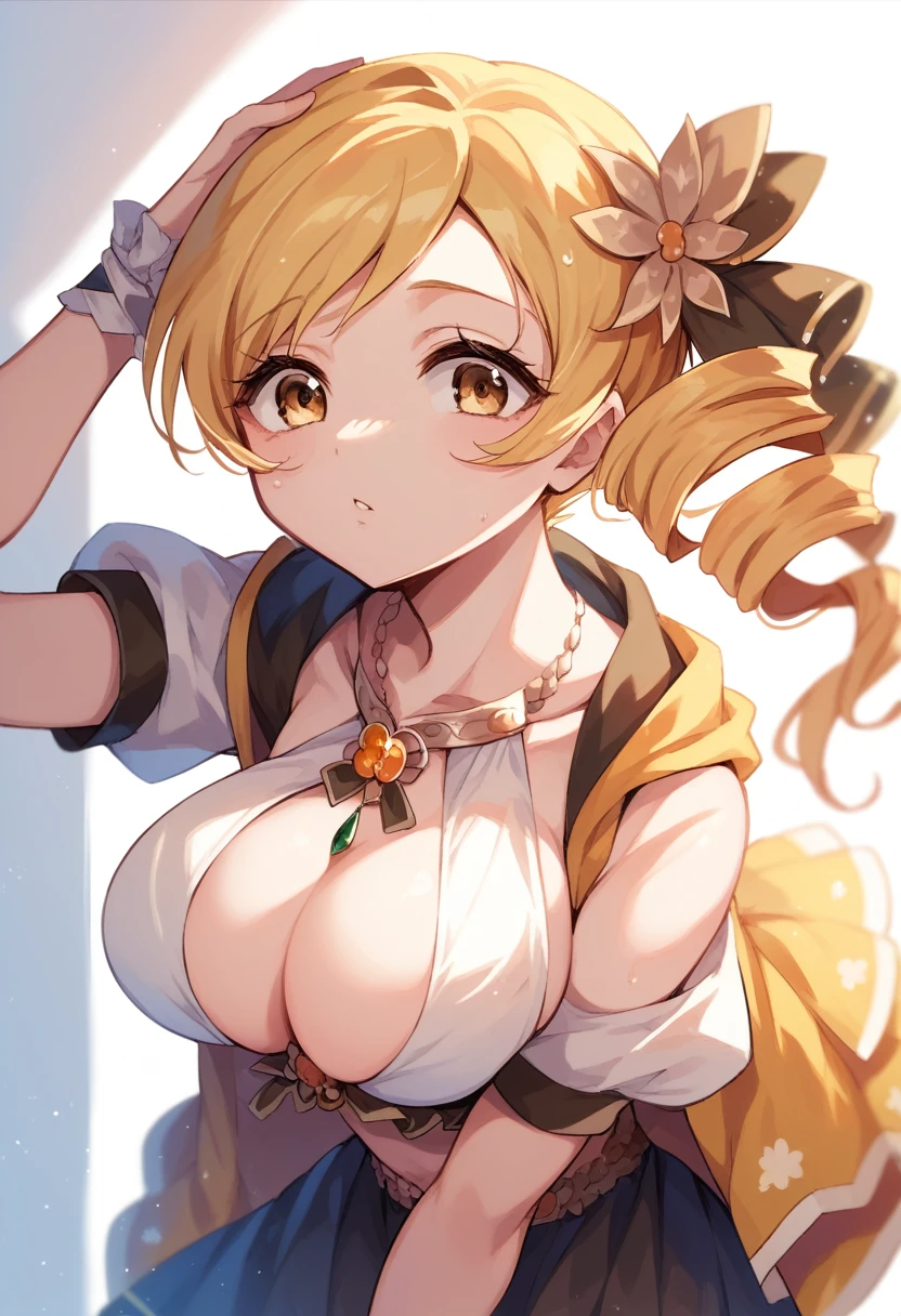 mami tomoe, blonde hair, Twin drill hair, yellow eyes, , 1girl ,live stage, Big Breasts,　school uniform solo face up