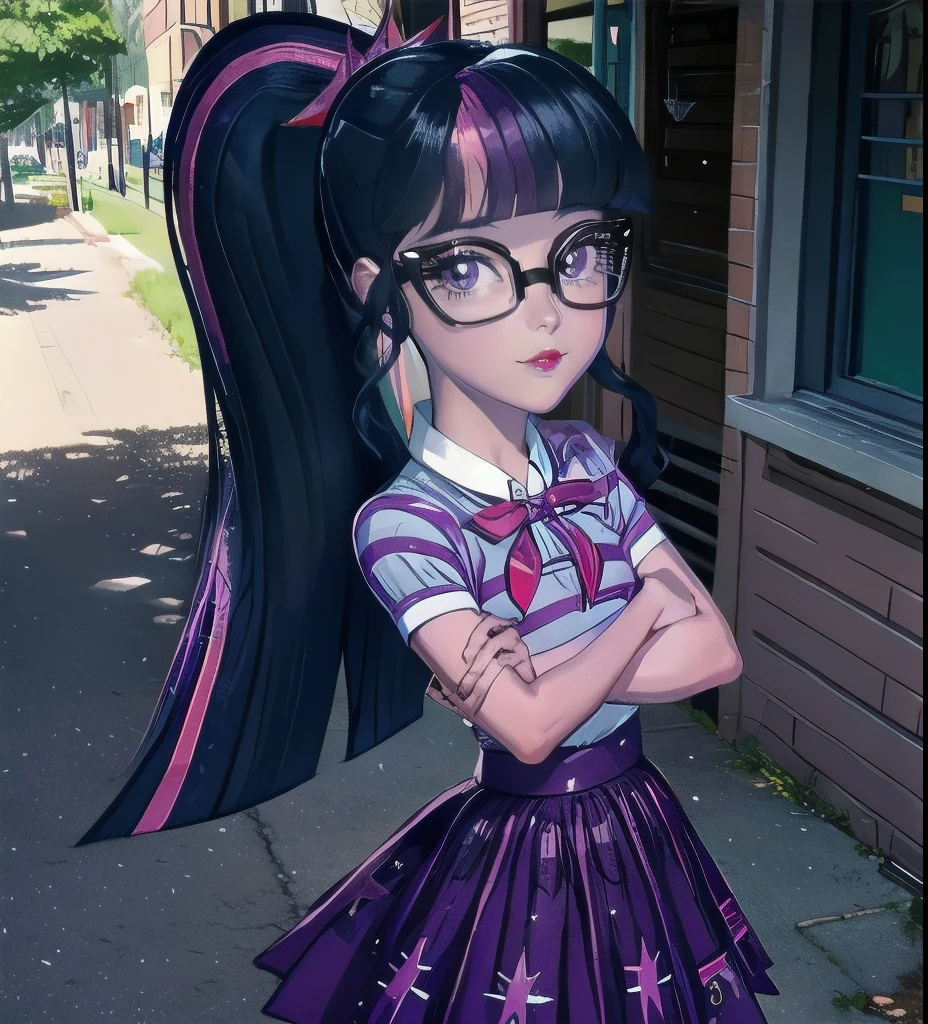 Twilight Sparkle, twilight Sparkle from my little pony, twilight Sparkle in the form of a girl,striped shirt, purple skirt with stars, pink neck bow, glasses, ponytail, street, sunshine, summer