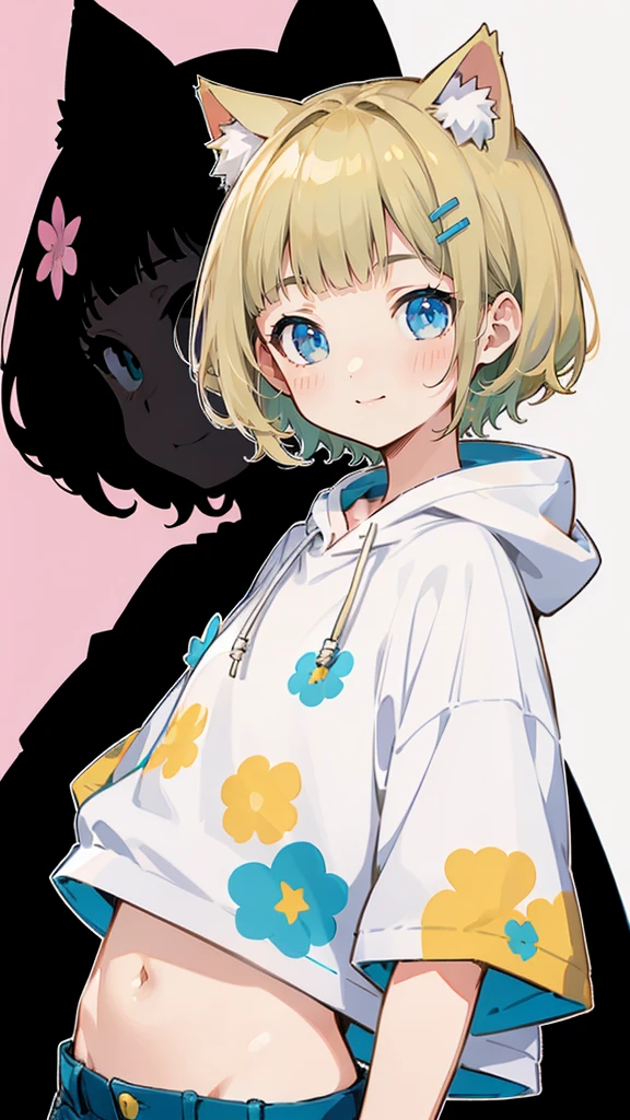 ピンク色のShort sleeveパーカー、Short sleeve、Denim shorts、Belly button、Blonde Hair、ピンク色のShort sleeveパーカー、大きなFlower Hair Ornaments、Belly button、An unprecedented number of draws、Flower Hair Ornaments、Floral Hair Accessories、Blonde、Cat ear、ピンク色のShort sleeveパーカー、high quality、Colorful color palette、high resolution、pretty girl、 Pink hoodie、An unprecedented number of draws、Anime Style、Geometric background、Sticker Style、short hair、Blonde、Turquoise Eyes, Messy Hair, Pink hoodie、髪と同じ色のCat ear、front, Hands posing, Until death, Bondage, Baggy clothes