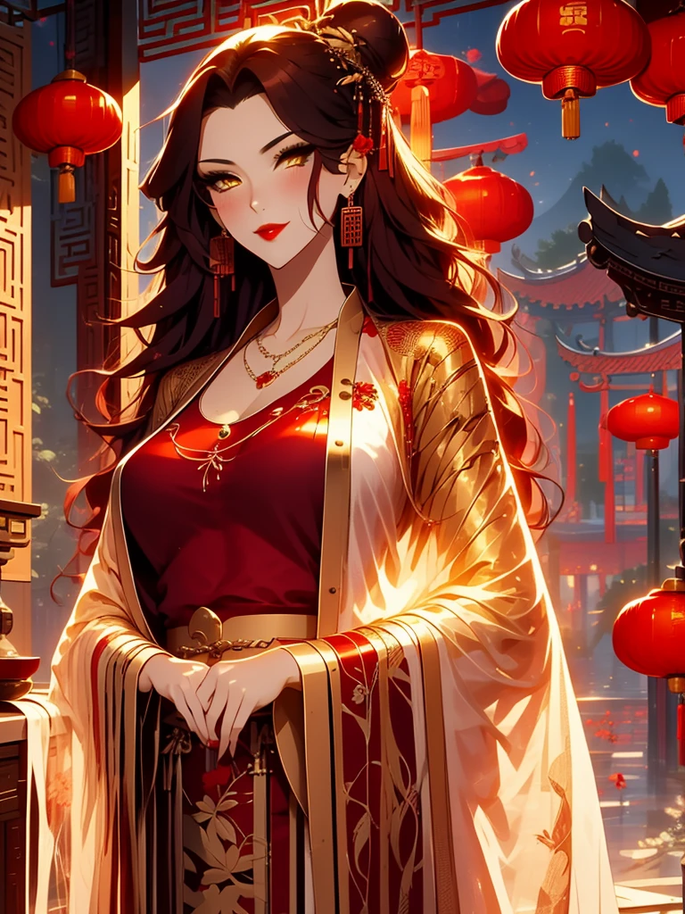 score_9, score_8_up, score_7_up, score_6_up, score_5_up, score_4_up, Xian Mei, golden eyes, red curly hair, tied hair, hair in a bun, hairpin, traditional Chinese red wedding dress, necklace, dangling earrings, long earrings, red lipstick, detailed eyes, traditional wear, sexy attractive, hot, traditional, smiling, happy, blushing, red veil,