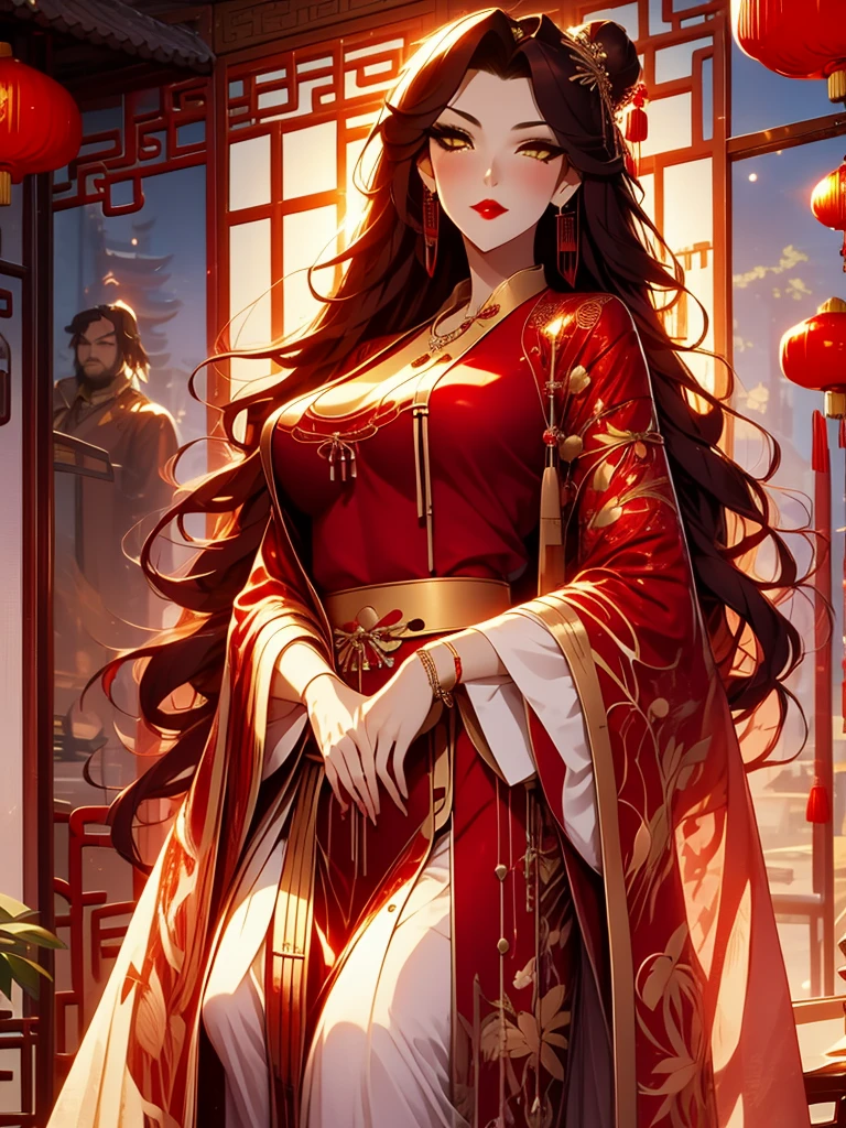 score_9, score_8_up, score_7_up, score_6_up, score_5_up, score_4_up, Xian Mei, golden eyes, red curly hair, tied hair, hair in a bun, hairpin, traditional Chinese red wedding dress, necklace, dangling earrings, long earrings, red lipstick, detailed eyes, traditional wear, sexy attractive, hot, traditional, smiling, happy, blushing, red veil,