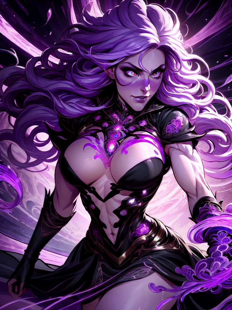 official arts, 8k unity wallpaper, ultra-detailed, beautiful and aesthetically pleasing, masterpiece, best quality, (fractal art: 1.3),female, 1 girl, magic woman, purple eyes, misterious smile, tall woman, very muscular, action move, attack movement, suspicios face, wavy messy white hair, black dress