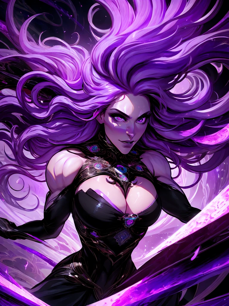 official arts, 8k unity wallpaper, ultra-detailed, beautiful and aesthetically pleasing, masterpiece, best quality, (fractal art: 1.3),female, 1 girl, magic woman, purple eyes, misterious smile, tall woman, very muscular, action move, attack movement, suspicios face, wavy messy white hair, black dress