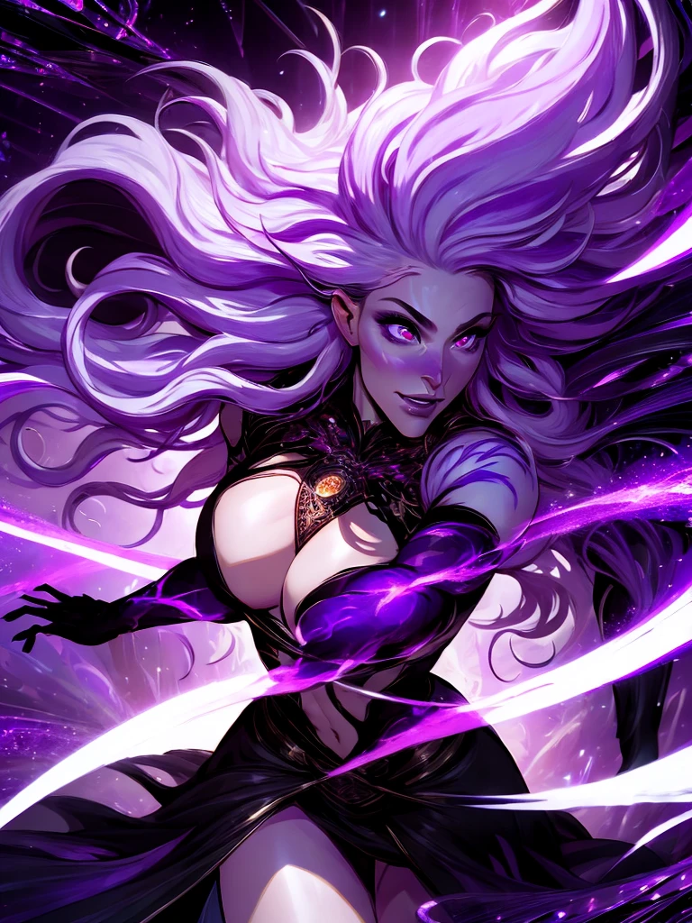 official arts, 8k unity wallpaper, ultra-detailed, beautiful and aesthetically pleasing, masterpiece, best quality, (fractal art: 1.3),female, 1 girl, magic woman, purple eyes, misterious smile, tall woman, very muscular, action move, attack movement, suspicios face, wavy messy white hair, black dress