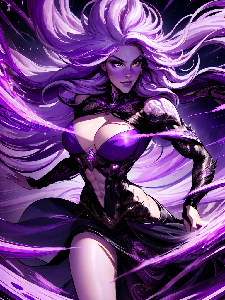 official arts, 8k unity wallpaper, ultra-detailed, beautiful and aesthetically pleasing, masterpiece, best quality, (fractal art: 1.3),female, 1 girl, magic woman, purple eyes, misterious smile, tall woman, very muscular, action move, attack movement, suspicios face, wavy messy white hair, black dress