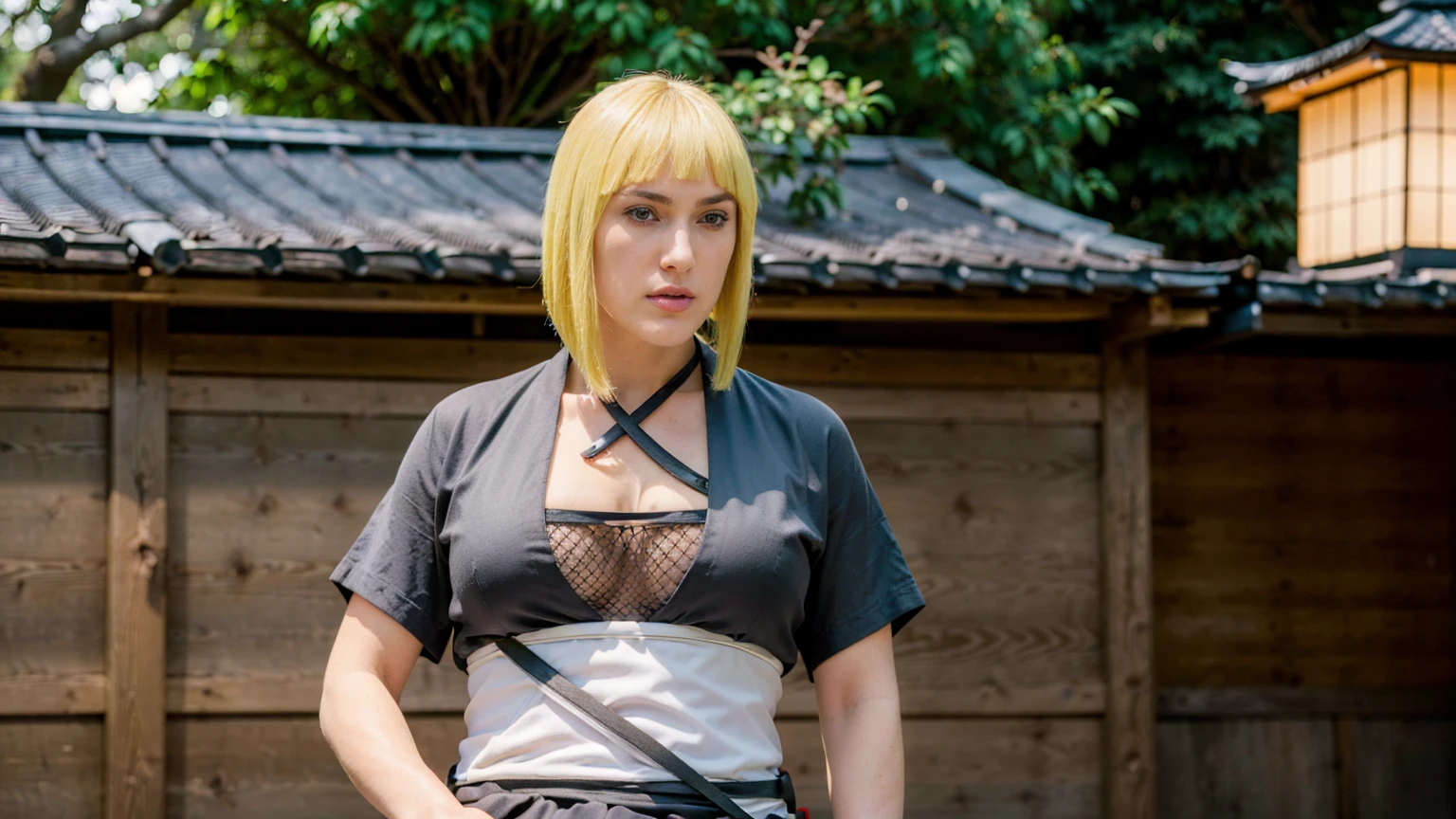 Masterpiece, Best quality,, (photorealistic1.4), (UHD), (k31r4k-v2), (epiCRealLife), (flashphoto),, (photorealistic1.4), (blonde hair Keira Knightley), (blonde samui), (big breasts), (cleavage), (samui costume), , (samui black kimono, (Samui red arm vambraces), (Kimono white obi pad), (Kimono obi pad belt), (cowboy shots), (red wrist armguard), (Keira Knightley smile, look at viewers), (samui, blue eyes, short hair, bangs, blunt bangs, fishnets, dress, grey dress, skirt, grey skirt, (Japanese outdoor), (in a Japanese garden), (sitting on rock), (close up), (Keira Knightley smile)