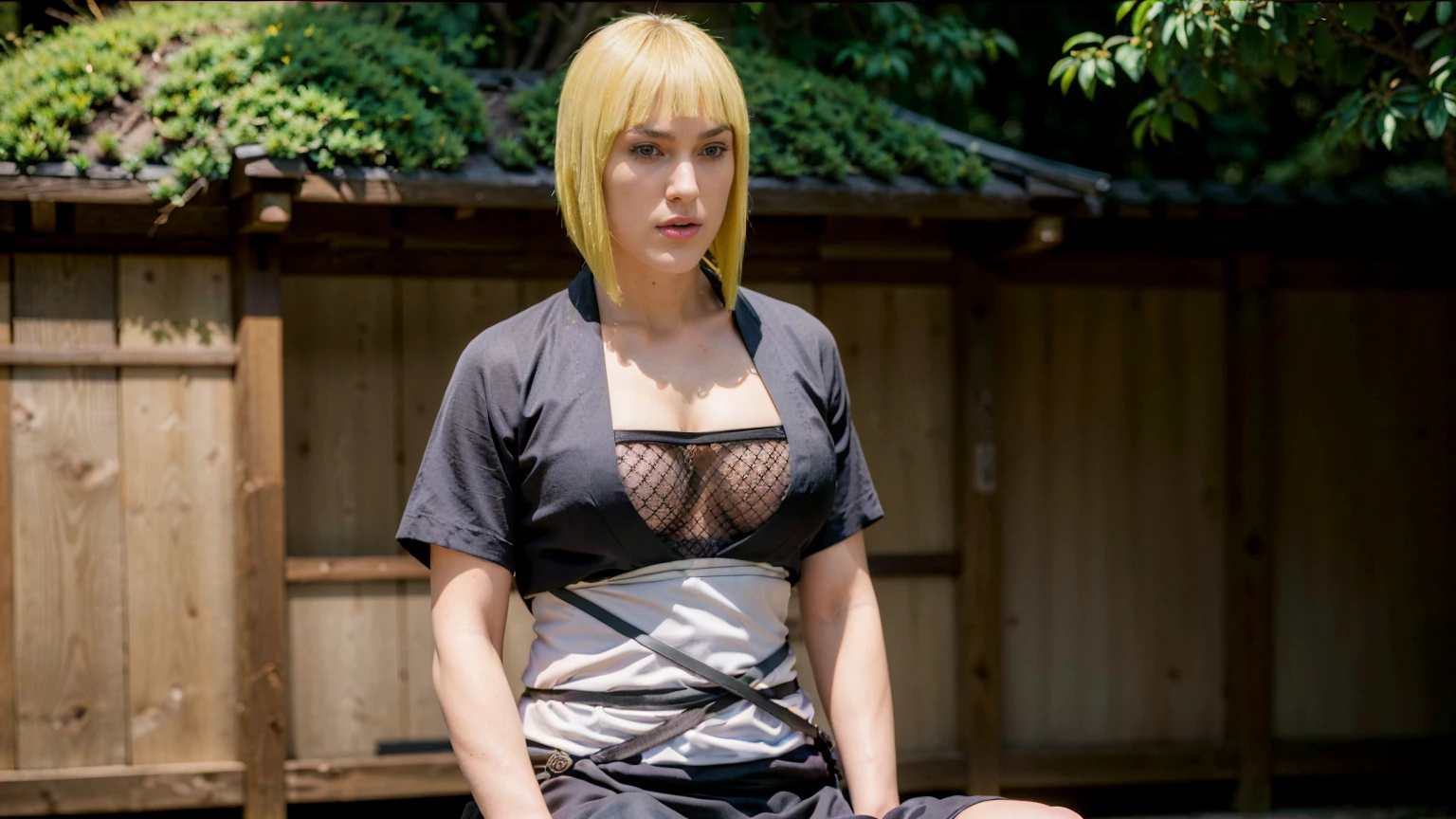 Masterpiece, Best quality,, (photorealistic1.4), (UHD), (k31r4k-v2), (epiCRealLife), (flashphoto),, (photorealistic1.4), (blonde hair Keira Knightley), (blonde samui), (), (cleavage), ostume), , (samui black kimono, (Samui red arm vambraces), (Kimono white obi pad), (Kimono obi pad belt), (cowboy shots), (red wrist armguard), (Keira Knightley smile, look at viewers), (samui, blue eyes, short hair, bangs, blunt bangs, fishnets, dress, grey dress, skirt, grey skirt, (Japanese outdoor), (in a Japanese garden), (sitting on rock), (close up), (Keira Knightley smile)