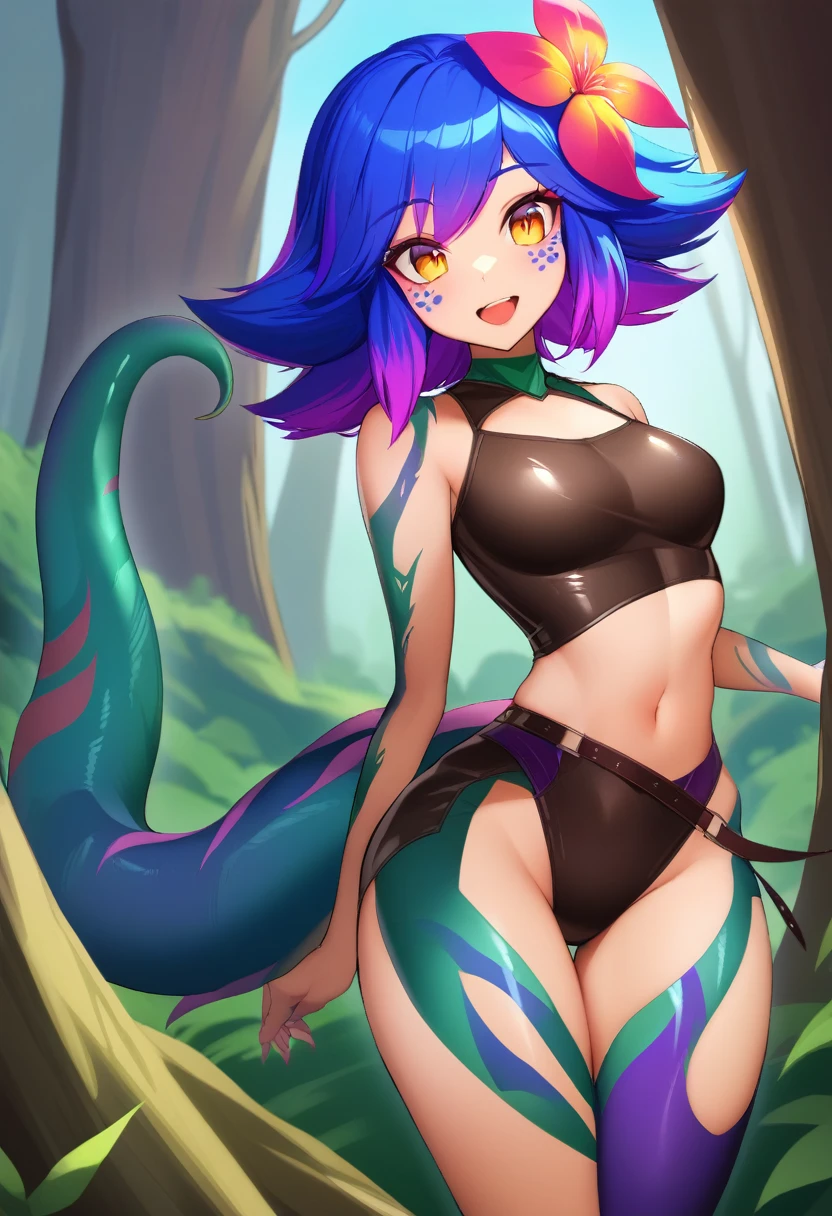 work of art, best qualityer, 1 girl, (realisitic:0.2) Neeko, colored fur, multicolored hair, hair ornament, hair flower, necklase, brown crop top, tummy, shorts marrons, g-string, lizard tail, facial mark, trunk, :d, woods, looking ahead at viewer, blue sky, incredibly tight outfit, very small clothes, tiny outfit, latex clothing, latex bodycon dress