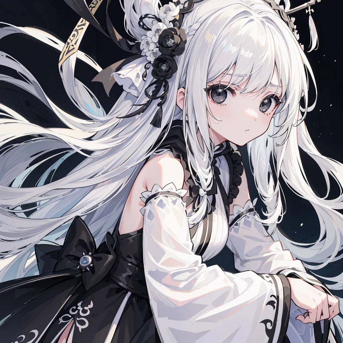 (Top image quality)、(Very detailed)、(Facing forward)、Top quality、masterpiece、(((1 girl )))、Silver Hair、White hair、((Long hair))、Weaving、(black eyes:1.6)、(White and black cheongsam)、Hooded dress、Lots of decorations、Lots of ribbons、White Ribbon、She looked grim.、Fluffy loose hair、Hanfu