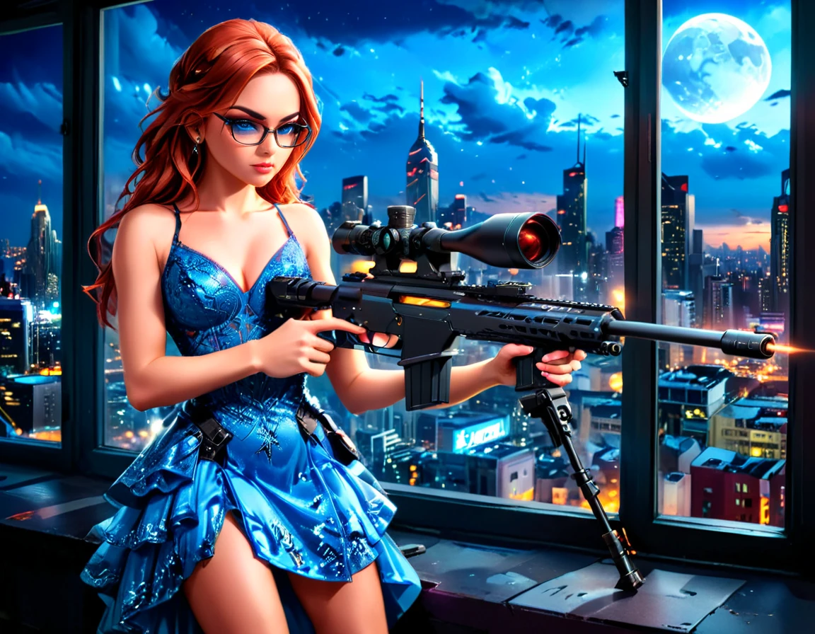 a portrait picture of a 1single woman sniper, standing in a window aiming a sniper rifle, an exotic beautiful woman sniper, red hair, braided hair, full body shop, intense blue eyes, wearing intricate glasses ultra detailed face, wearing (intricate evening dress: 1.5), elegant dress, dynamic color, dynamic style, wearing elegant stiletto heels , behind a window in a tall building at nigh, aiming a Light Sniper Rifle , cyberpunk city background, its night time, moon rays, some clouds,  (full body shot: 1.1) , vibrant, Ultra-high resolution, High Contrast, (masterpiece:1.5), highest quality, Best aesthetics), best details, best quality, highres, ultra wide angle, 16k, [ultra detailed], masterpiece, best quality, (extremely detailed) Sniper Rifle, evening dress
