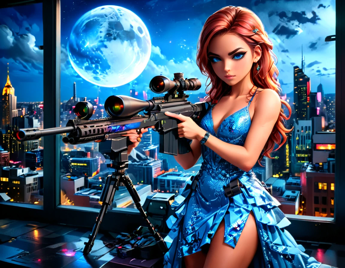 a portrait picture of a 1single woman sniper, standing in a window aiming a sniper rifle, an exotic beautiful woman sniper, red hair, braided hair, full body shop, intense blue eyes, wearing intricate glasses ultra detailed face, wearing (intricate evening dress: 1.5), elegant dress, dynamic color, dynamic style, wearing elegant stiletto heels , behind a window in a tall building at nigh, aiming a Light Sniper Rifle , cyberpunk city background, its night time, moon rays, some clouds,  (full body shot: 1.1) , vibrant, Ultra-high resolution, High Contrast, (masterpiece:1.5), highest quality, Best aesthetics), best details, best quality, highres, ultra wide angle, 16k, [ultra detailed], masterpiece, best quality, (extremely detailed) Sniper Rifle, evening dress
