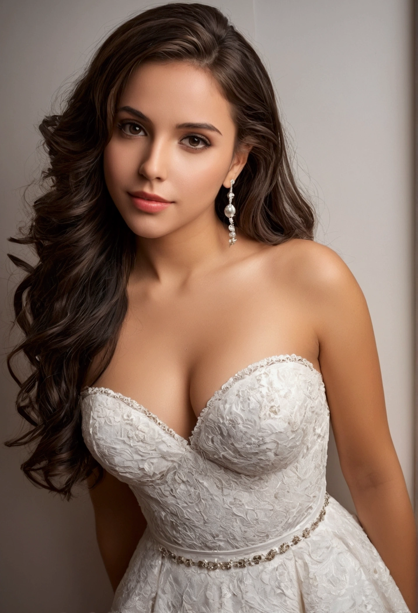((best quality)), ((masterpiece)), (detailed), I need an image of a sexy and innocent girl for my selling profiles that calls attention and brings new costumers, she has to be brunet with a mix of french and Spanish in a full body scale with a dress and traveling and the picture has to be very persuasive but not too naked so women can buy in my profile
