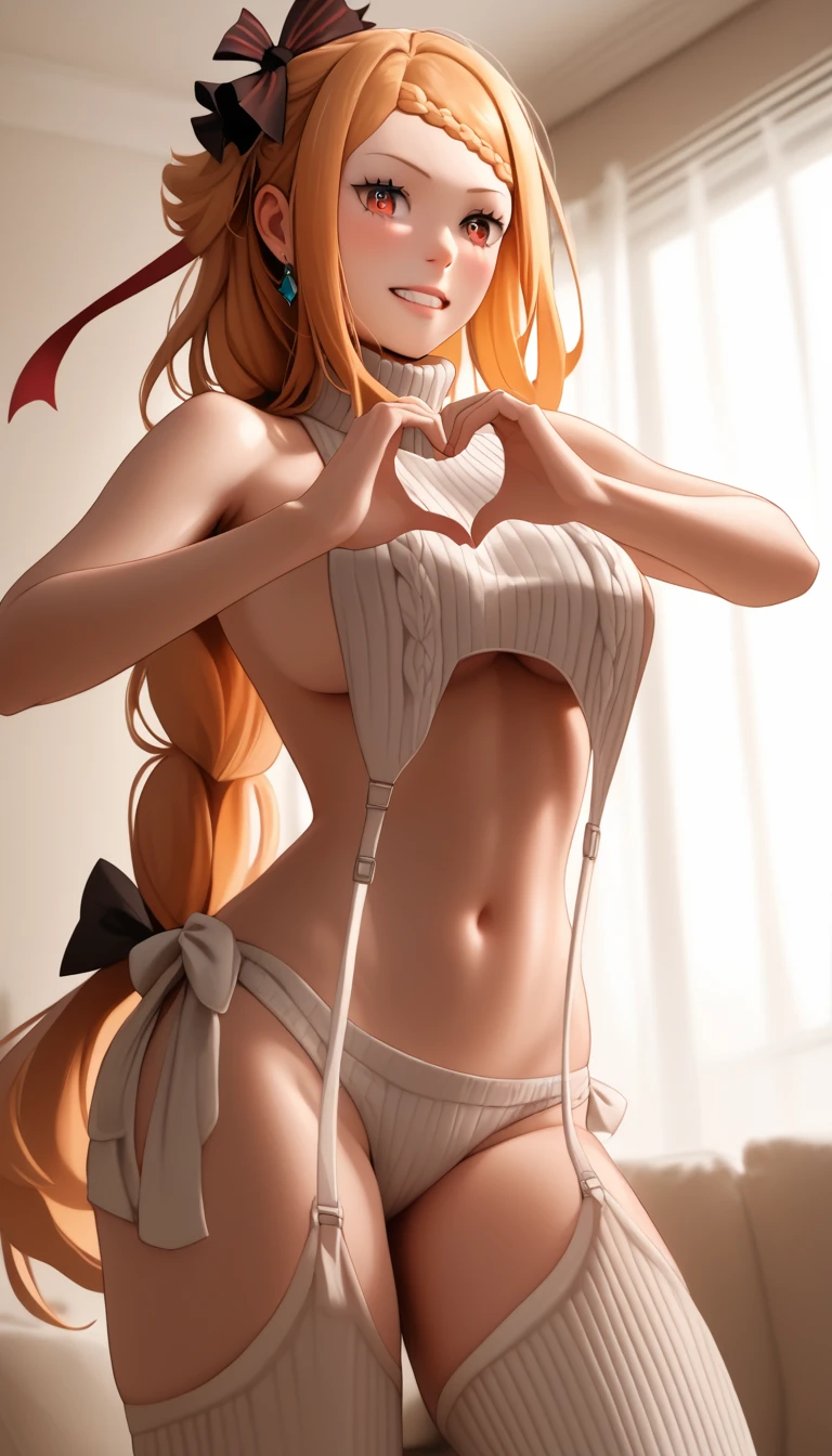 score_9, score_8_up, score_7_up, score_6_up, score_5_up, score_4_up, uncensored, Priscilla Barielle, orange hair, red eyes, braided bangs, braid, hair bow, BREAK (masterpiece:1.2), best quality, high resolution, (detailed eyes:1.3), perfect lighting, (perfect hands, perfect anatomy), large breasts, standing, virgin_destroyer_sweater, heart hands, embarrassed, clenched teeth, living room, low light