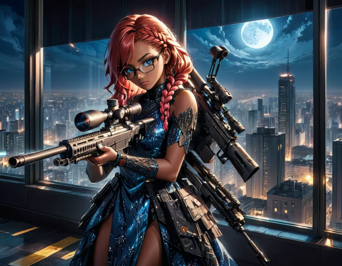 a portrait picture of a 1single woman sniper, standing in a window aiming a sniper rifle, an exotic beautiful woman sniper, red hair, braided hair, (black skin: 1.3), full body shop, intense blue eyes, wearing intricate glasses ultra detailed face, wearing (intricate evening dress: 1.5), elegant dress, dynamic color, dynamic style, wearing elegant stiletto heels , behind a window in a tall building at nigh, aiming a Light Sniper Rifle , cyberpunk city background, its night time, moon rays, some clouds,  (full body shot: 1.1) , vibrant, Ultra-high resolution, High Contrast, (masterpiece:1.5), highest quality, Best aesthetics), best details, best quality, highres, ultra wide angle, 16k, [ultra detailed], masterpiece, best quality, (extremely detailed) Sniper Rifle, evening dress
