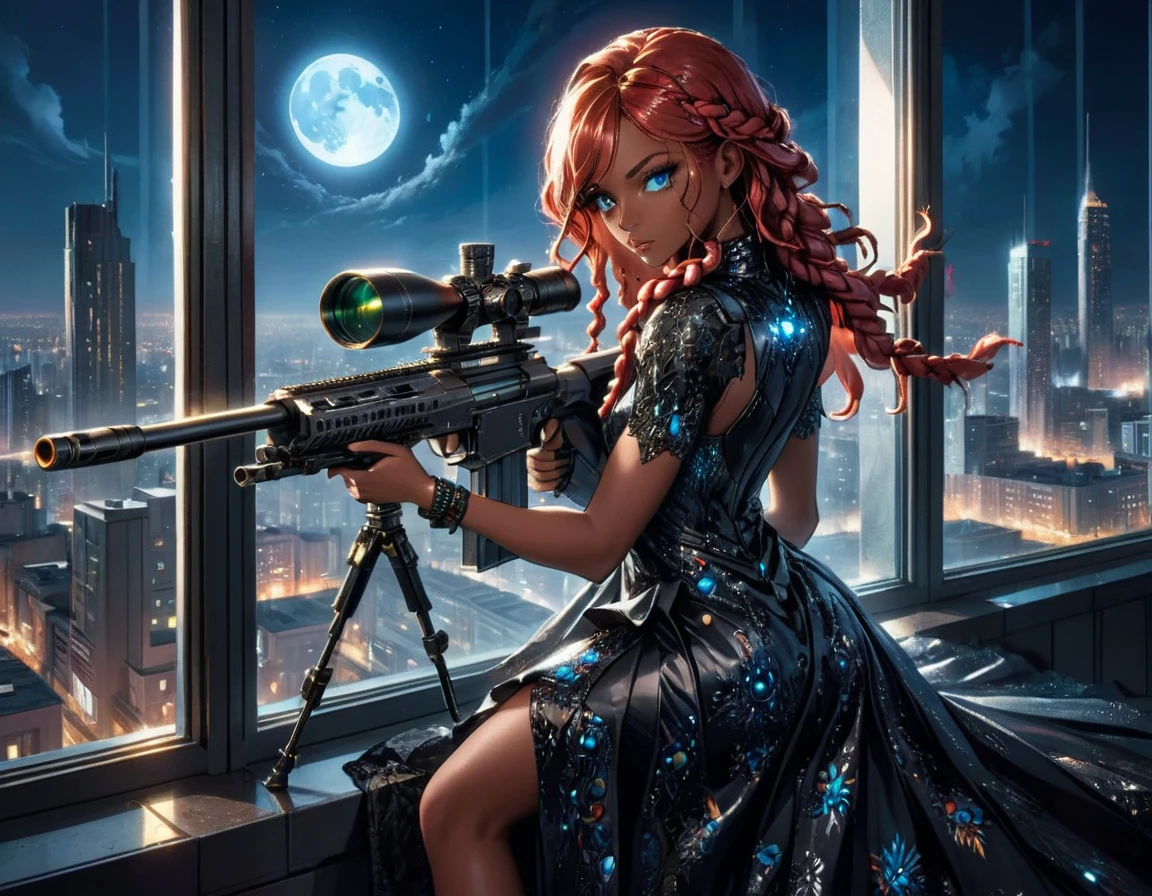 a portrait picture of a 1single woman sniper, standing in a window aiming a sniper rifle, an exotic beautiful woman sniper, red hair, braided hair, (black skin: 1.3), full body shop, intense blue eyes, wearing intricate glasses ultra detailed face, wearing (intricate evening dress: 1.5), elegant dress, dynamic color, dynamic style, wearing elegant stiletto heels , behind a window in a tall building at nigh, aiming a Light Sniper Rifle , cyberpunk city background, its night time, moon rays, some clouds,  (full body shot: 1.1) , vibrant, Ultra-high resolution, High Contrast, (masterpiece:1.5), highest quality, Best aesthetics), best details, best quality, highres, ultra wide angle, 16k, [ultra detailed], masterpiece, best quality, (extremely detailed) Sniper Rifle, evening dress
