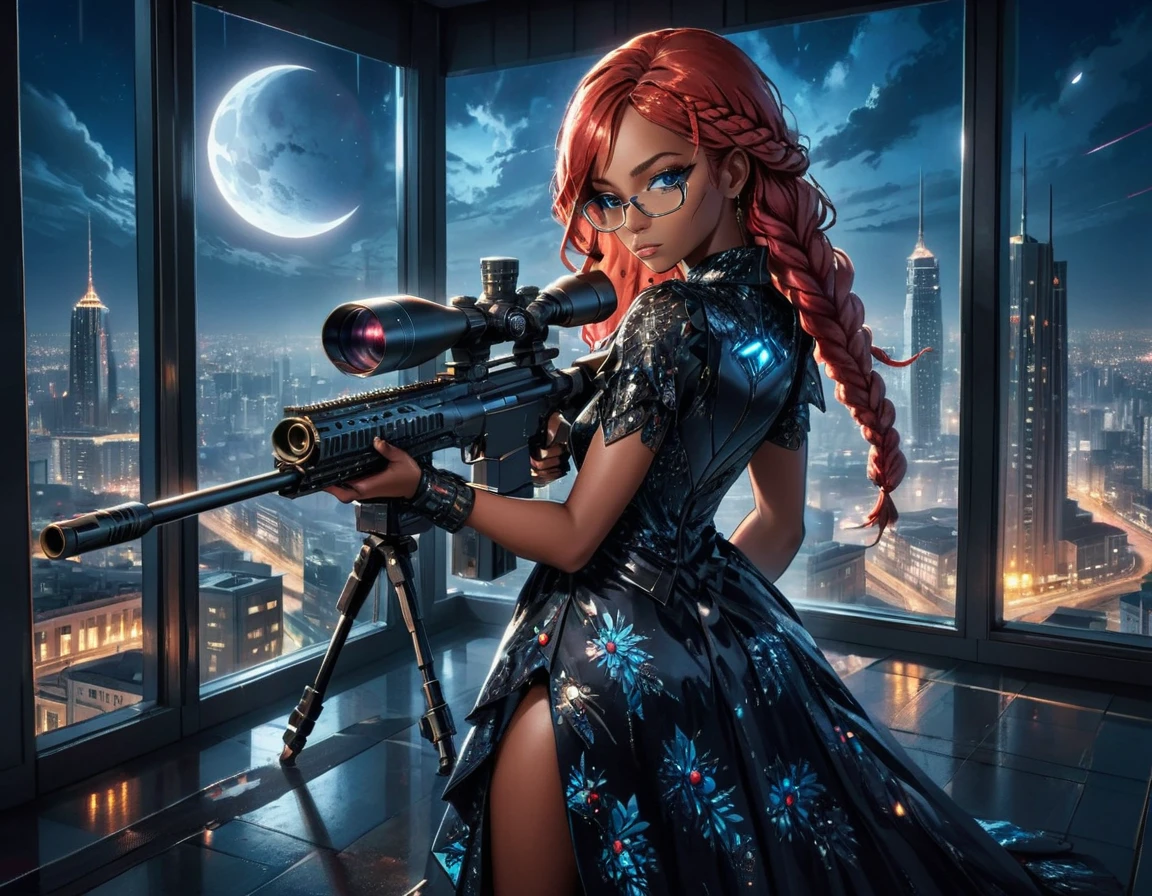 a portrait picture of a 1single woman sniper, standing in a window aiming a sniper rifle, an exotic beautiful woman sniper, red hair, braided hair, (black skin: 1.3), full body shop, intense blue eyes, wearing intricate glasses ultra detailed face, wearing (intricate evening dress: 1.5), elegant dress, dynamic color, dynamic style, wearing elegant stiletto heels , behind a window in a tall building at nigh, aiming a Light Sniper Rifle , cyberpunk city background, its night time, moon rays, some clouds,  (full body shot: 1.1) , vibrant, Ultra-high resolution, High Contrast, (masterpiece:1.5), highest quality, Best aesthetics), best details, best quality, highres, ultra wide angle, 16k, [ultra detailed], masterpiece, best quality, (extremely detailed) Sniper Rifle, evening dress
