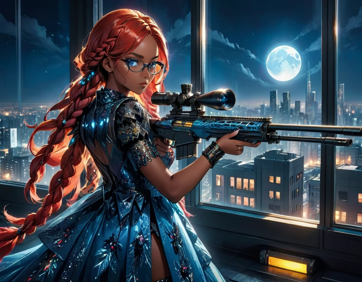 a portrait picture of a 1single woman sniper, standing in a window aiming a sniper rifle, an exotic beautiful woman sniper, red hair, braided hair, (black skin: 1.3), full body shop, intense blue eyes, wearing intricate glasses ultra detailed face, wearing (intricate evening dress: 1.5), elegant dress, dynamic color, dynamic style, wearing elegant stiletto heels , behind a window in a tall building at nigh, aiming a Light Sniper Rifle , cyberpunk city background, its night time, moon rays, some clouds,  (full body shot: 1.1) , vibrant, Ultra-high resolution, High Contrast, (masterpiece:1.5), highest quality, Best aesthetics), best details, best quality, highres, ultra wide angle, 16k, [ultra detailed], masterpiece, best quality, (extremely detailed) Sniper Rifle, evening dress
