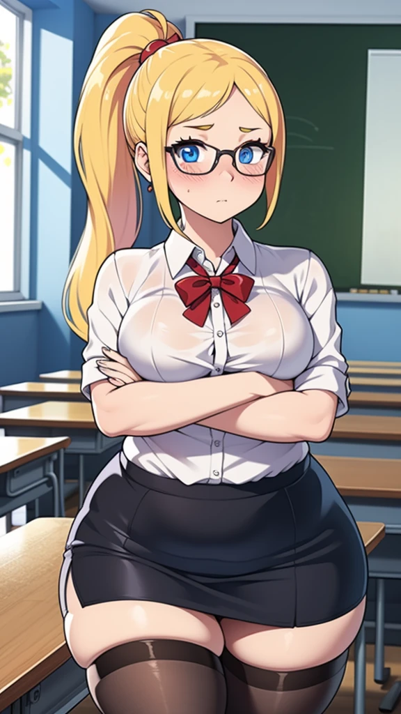 ((highres)), Masterpiece, high quality, best quality, beautiful, perfect lighting, detailed face, ultra cute face, ((1girl)), ((solo), long blonde hair, ponytail, blue eyes, glasses, ((blush)), embarrassed, looking at viewer, arms crossed, standing in a classroom, (classroom), daytime, dress shirt, pencil skirt, thigh highs, wide hips, ((thick thighs)), (chubby), medium breasts, perky breasts, 24 year old female,