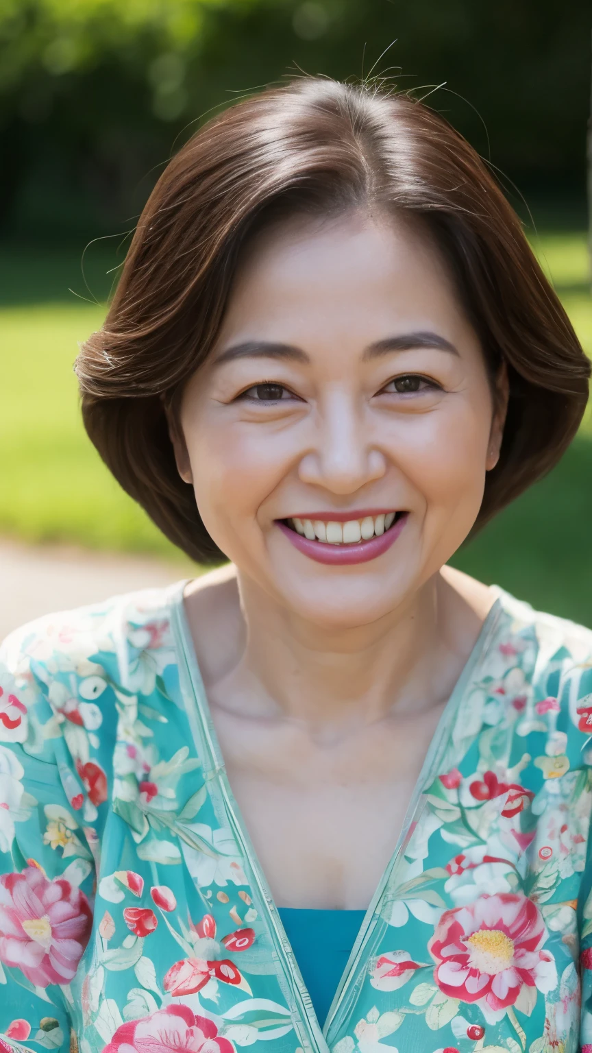 , Standing in the park, Wrinkles around the eyes, Smiling with teeth showing, Japanese painting, senior citizen, Draw lips correctly, Red lipstick, No discomfort, 16K, Highest quality, Very detailed, Realistic, Very detailed肌, (Japanese), (alone), 100 years old, Large Breasts, , Glamour, sexy, Chromo White Skin, Staring straight ahead,