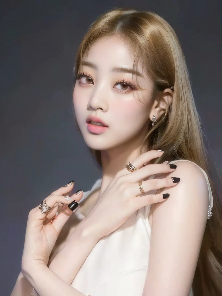 un primer plano de una mujer con cabello largo y un anillo en el dedo, Lalisa Manobal, jinyoung shin, maquillaje popular de corea del sur, maquillaje coreano popular, Jaeyeon Nam, con cara redonda, Lalisa Manoban de Blackpink, portrait of jossi de blackpink, jennie rosa negro, parque roseanne de blackpink, jossi de blackpink