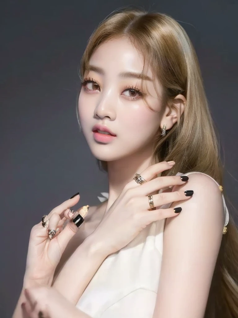 un primer plano de una mujer con cabello largo y un anillo en el dedo, Lalisa Manobal, jinyoung shin, maquillaje popular de corea del sur, maquillaje coreano popular, Jaeyeon Nam, con cara redonda, Lalisa Manoban de Blackpink, portrait of jossi de blackpink, jennie rosa negro, parque roseanne de blackpink, jossi de blackpink