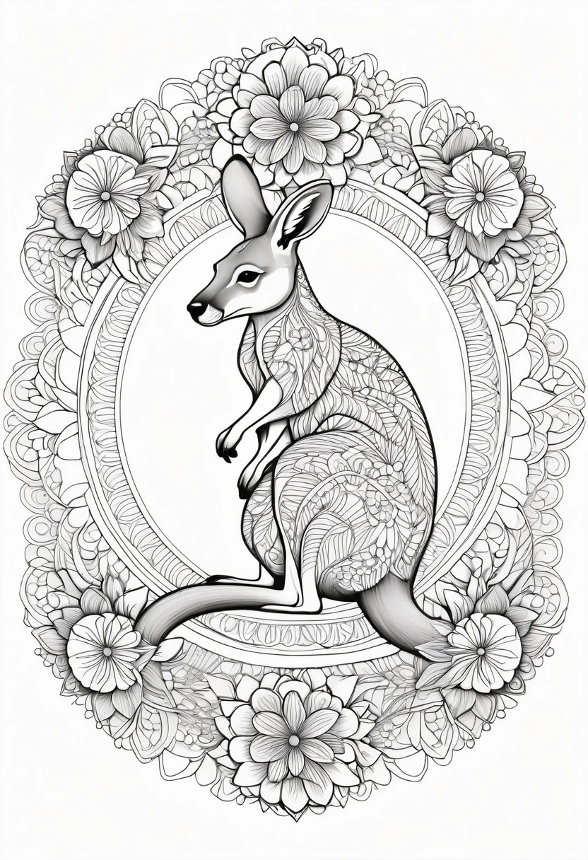 A striking black and white line art coloring page designed for adults with white background, featuring a majestic Kangaroo in a mandala-inspired style. The Kangaroo is adorned with intricate patterns that include floral and geometric designs, making it an engaging and detailed work of art. The illustration focuses on crisp, clean lines and bold outlines, without any shading or color, allowing the user to bring their own vibrancy to the piece. The minimalistic design, with its thick lines and absence of background details, creates a soothing coloring experience for adults seeking calming and creative activities. illustration