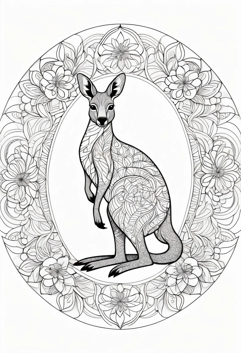 A striking black and white line art coloring page designed for adults with white background, featuring a majestic Kangaroo in a mandala-inspired style. The Kangaroo is adorned with intricate patterns that include floral and geometric designs, making it an engaging and detailed work of art. The illustration focuses on crisp, clean lines and bold outlines, without any shading or color, allowing the user to bring their own vibrancy to the piece. The minimalistic design, with its thick lines and absence of background details, creates a soothing coloring experience for adults seeking calming and creative activities. illustration