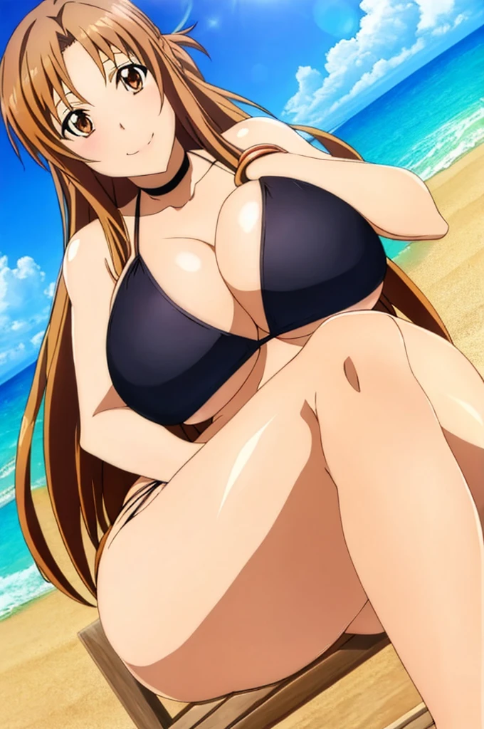 asuna, solo, long_hair, brown hair, breasts, looking_at_viewer, smile, large_breasts, cleavage, bare_shoulders, sitting, very_long_hair, brown_eyes, collarbone, choker, crossed_legs, black underwear, from_below, breasts, large breasts, big breasts, huge breasts, big tits, giant breasts, small bikini, bikini, bare shoulders, bare arms, beach, ocean, underboob