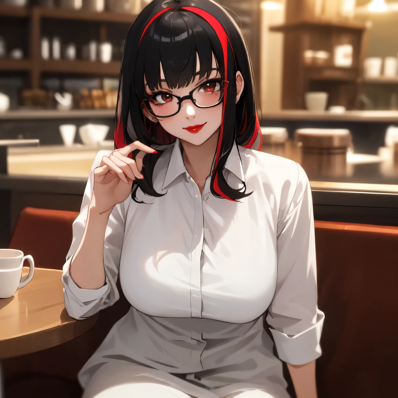 A photo of a young, nerdy woman sitting face down in a cafe, wearing a white shirt, surrounded by a welcoming environment, gazing at viewer. shorth hair, black hair with red highlights, Red lips, flirting with the camera